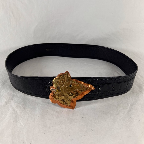GIANFRANCO LOTTI Leaf Buckle Accent Black Leather Women's Belt Made in Italy - Picture 1 of 9